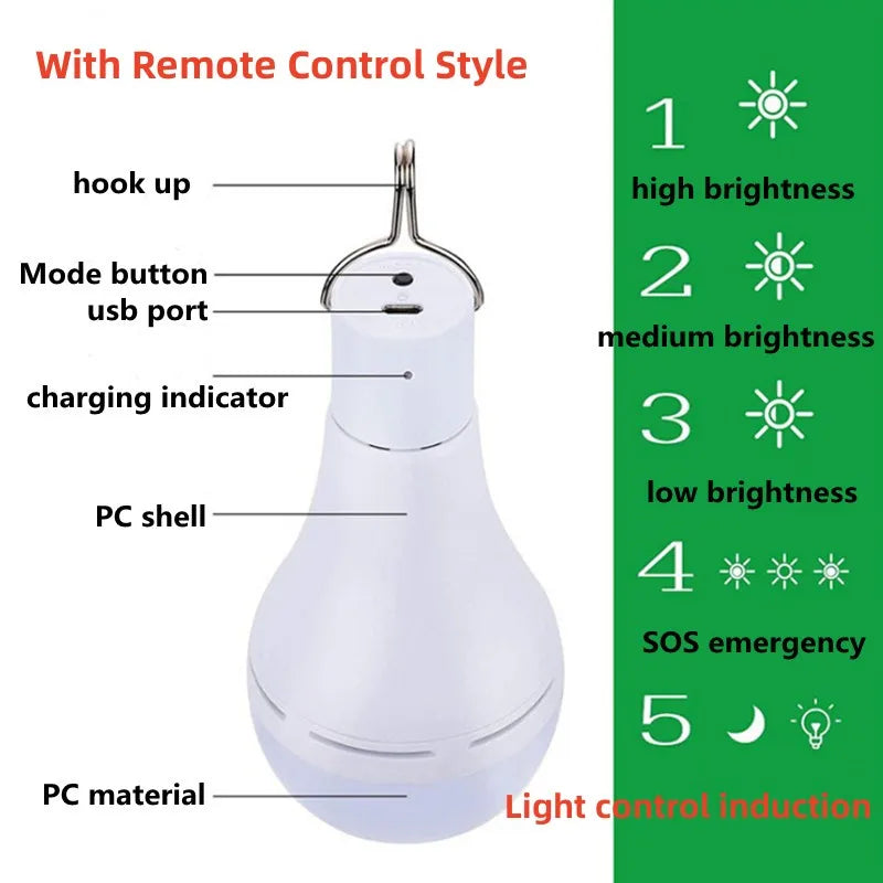 LED Solar Lamp Bulb Outdoor Waterproof Remote Control Timing Solar Garden Hanging Light Hiking Camping Fishing Emergency Lights