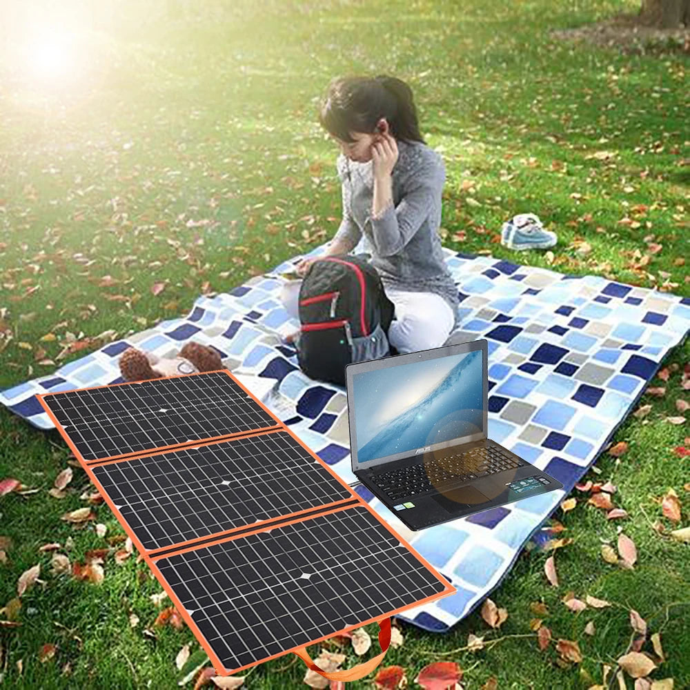 Foldable solar panel portable solar charger 12v battery power station 5v usb mobile phone power bank laptop camper hiking 60w